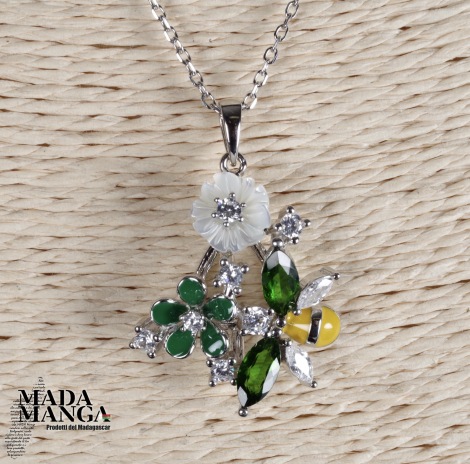 Collana in Argento con Cromo Diopsidi, madreperla e zirconi