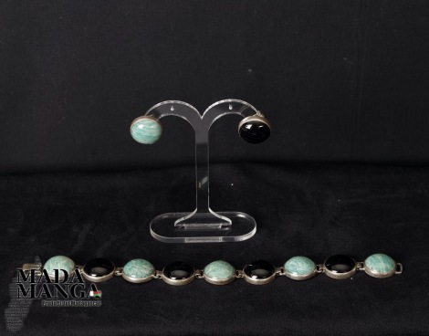Parure in argento (bracciale + orecchini) con amazzonite e tormalina nera
